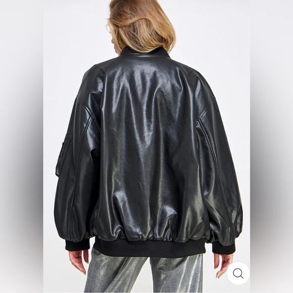 ZIP UP POCKETS PU Faux Leather Bomber Jacket - Picture 6 of 8